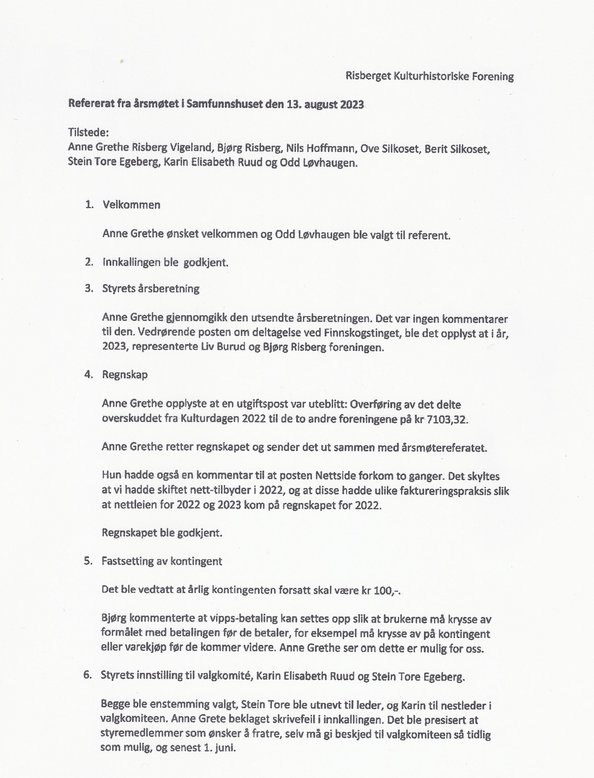 Første skannede side av årsmøteprotokollen for 2023.