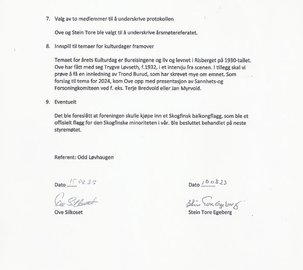 Andre skannede side av årsmøteprotokollen for 2023.