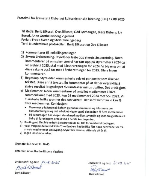Skannet protokoll fra årsmøtet 17. august 2025.
